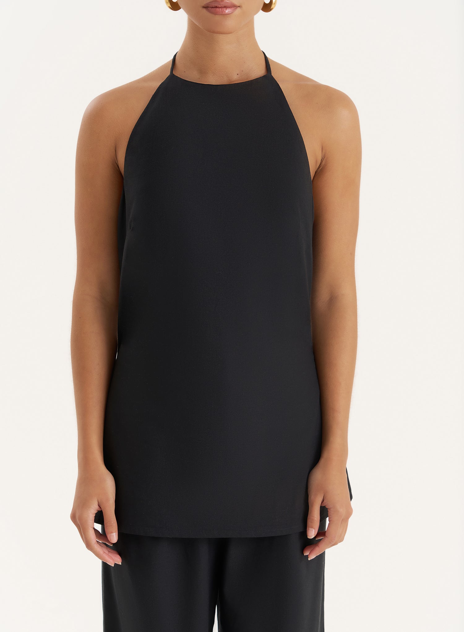 Black Linen Blend Halter Neck Top